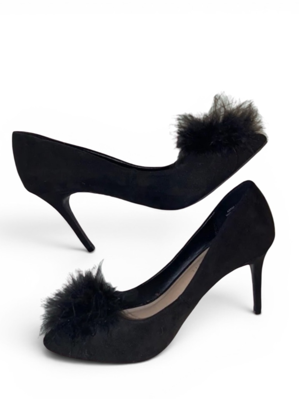 Kelly and Katie black faux suede pom pom feather shoes, black, size 7, like new!